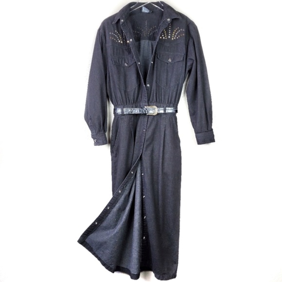 Vintage Studded Button Down Boho Maxi Belted Dress Wesrern Cowgirl Festival Rare - Picture 4 of 16